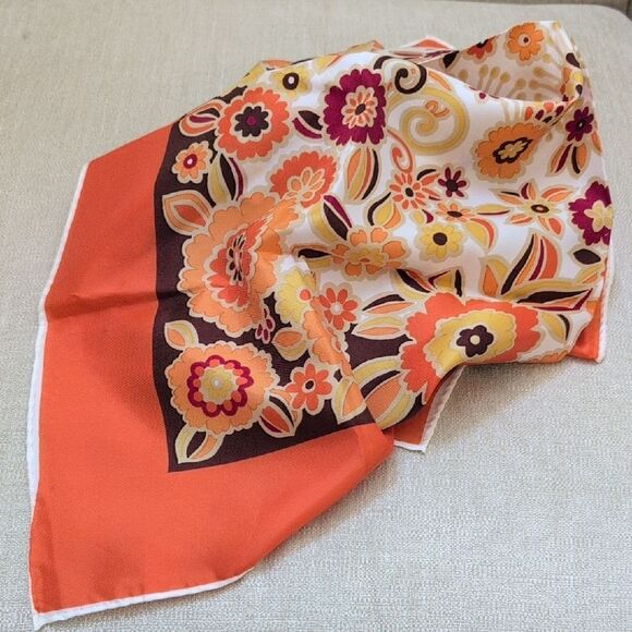 Vintage MCM Square Floral Orange and Brown Scarf - Picture 1 of 10